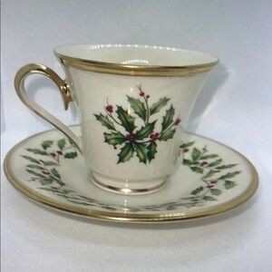 Elegant Gold and White Holly Teacup and Saucer Set